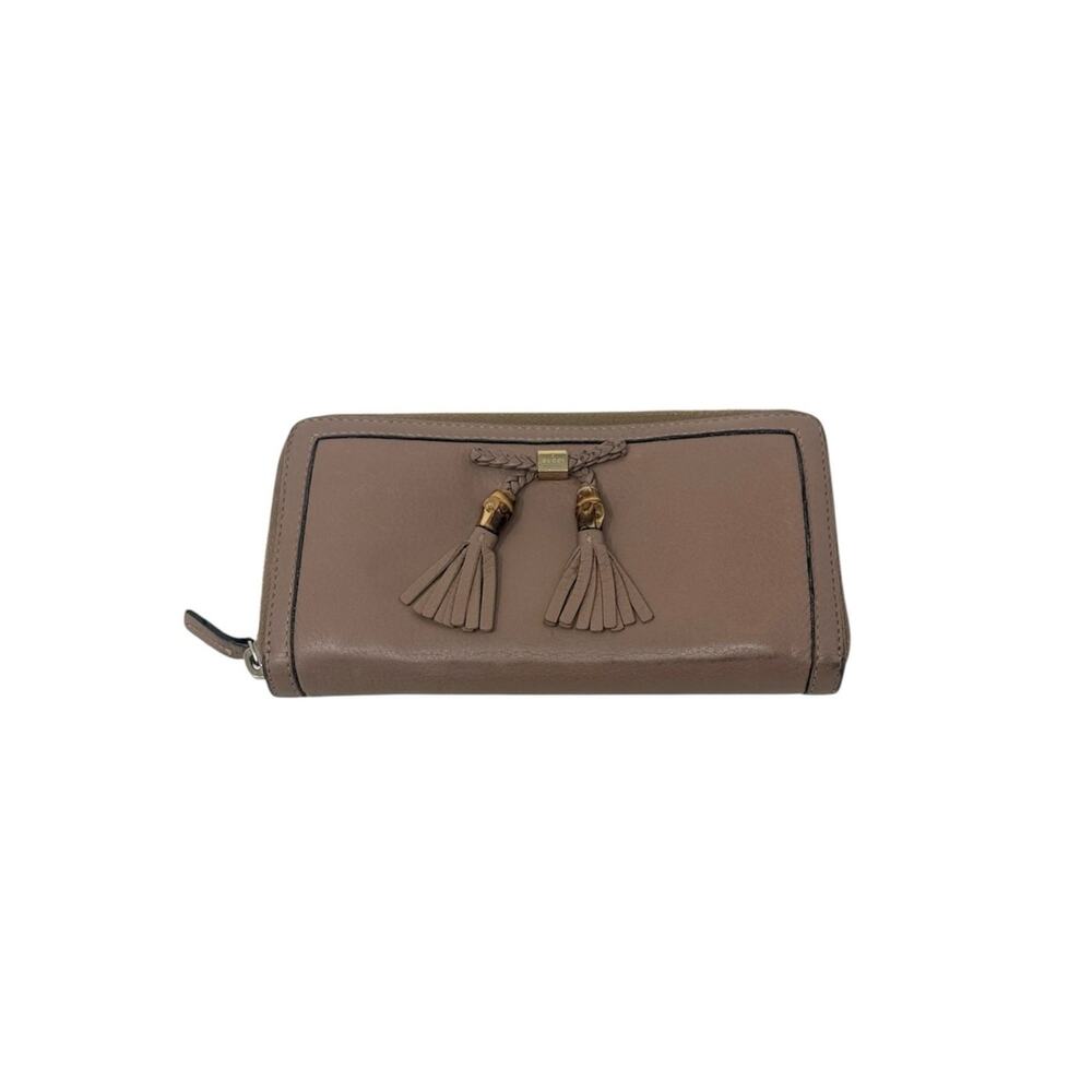 Gucci Leather Bamboo Tassel Bow Zip Brown Taupe Beige Continental Wallet